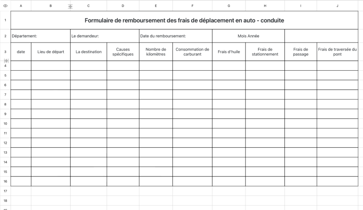 Formulaire de remboursement des frais de déplacement en auto - conduite